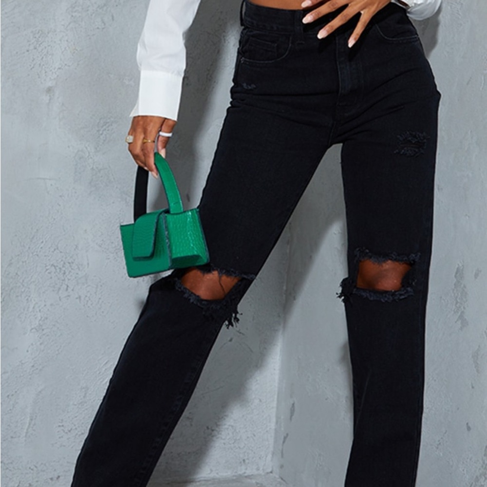 PLT Washed Black High Rise Ripped Straight Leg Jeans